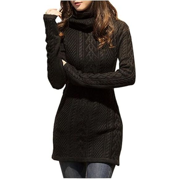 Women's Turtleneck Knit Sweater Black Long Slim Fitted Bodycon Dress Long Sleeve - Picture 1 of 6